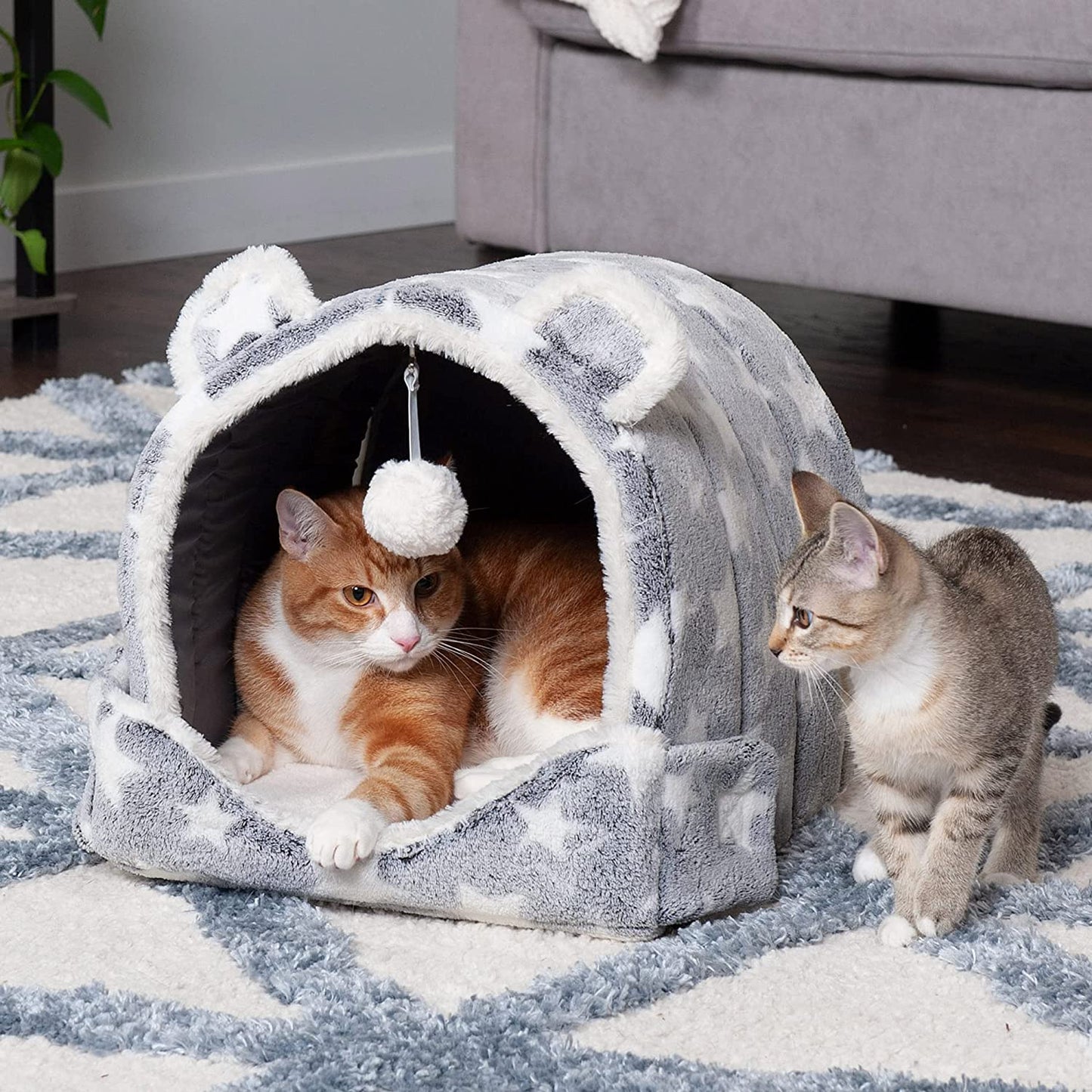 Cat Bed Snuggle Hideout for Indoor Cats & Small Dogs, Washable & Foldable W/ Plush Ball Toy - Snuggle Hideout-Bear Pet Tent - Silver Stars, Small