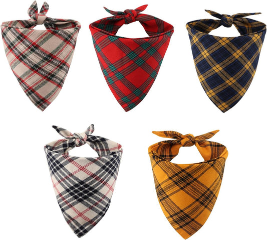 5 Pieces Dog Bandanas, Washable Dog Scarfs Dog Bibs Pet Kerchiefs, Double Reversible Printing and Adjustable, Suitable for Girls Boys Small Medium Large Dogs Cats Pets (Plaid Cloth Multi Color)