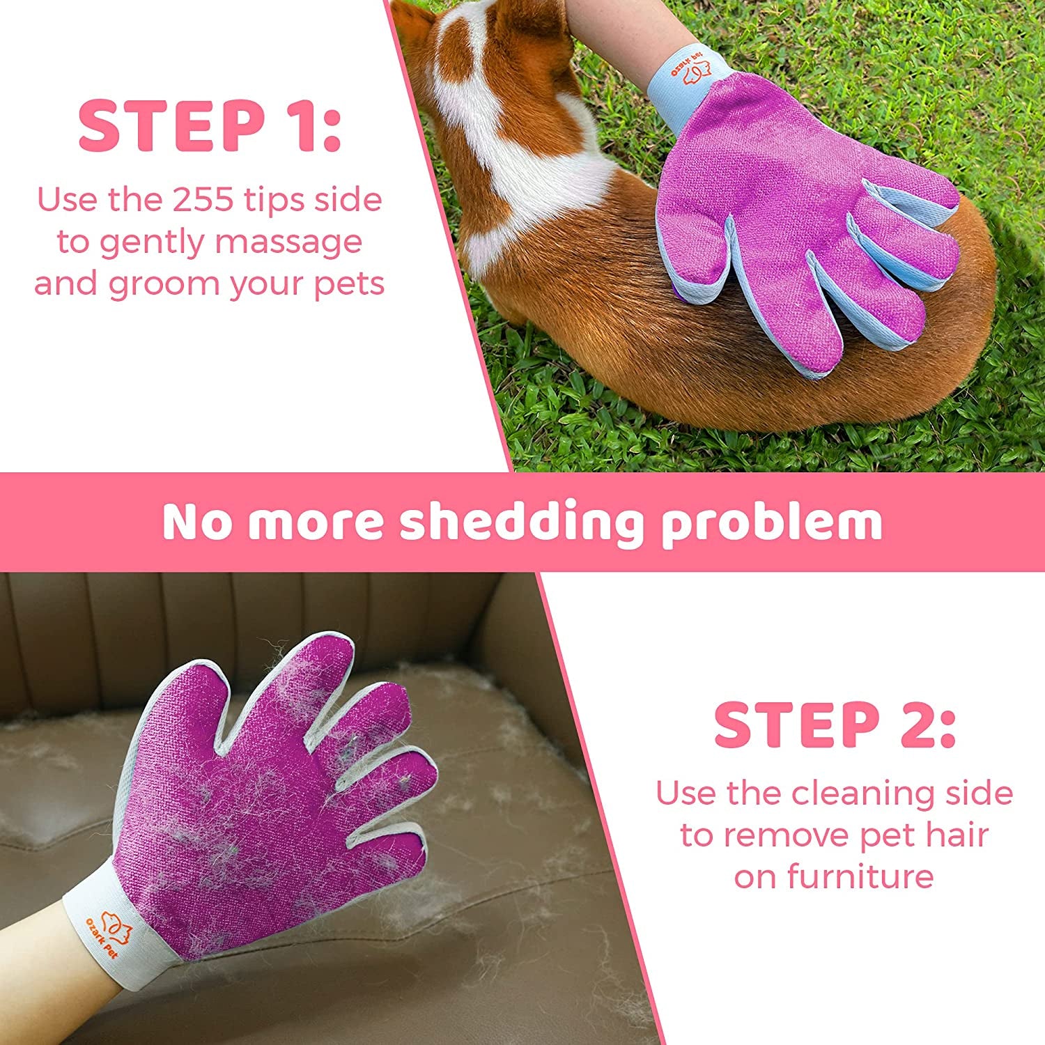 Dog & Cat Brush-Deshedding Brush, Dematting Tools, Shedding Brush Glove, Reduces Shedding 95%, Short to Long Hair, Large Breeds (Pink)
